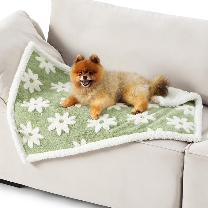 LE SURE Waterproof Dog Blankets for Small Dogs Cute Cozy 3D Jacquard,25x35 | Puppy Blanket for Cat Aesthetic Gift, Warm Soft Sherpa Throw Washable, Reversible Pet Couch Protector, Flower Garden Green