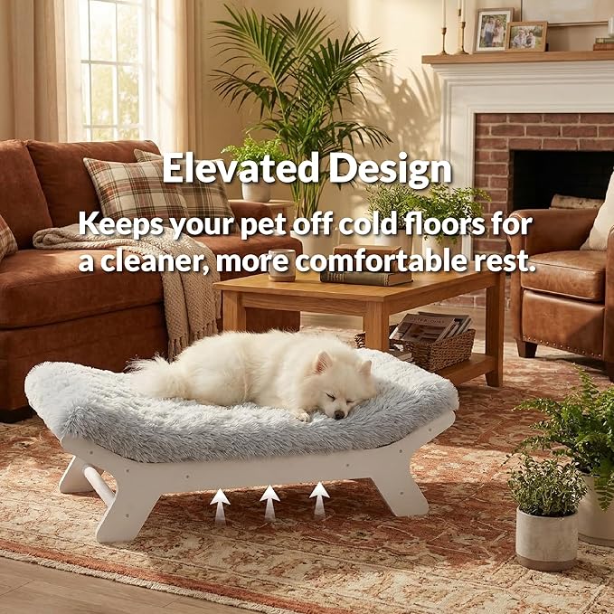 Elevated Wood Dog Bed Frame Mat Set, WalnutPattern, Large | Raised Sturdy Attractive Dog Sofa Couch Furniture, 80 lb