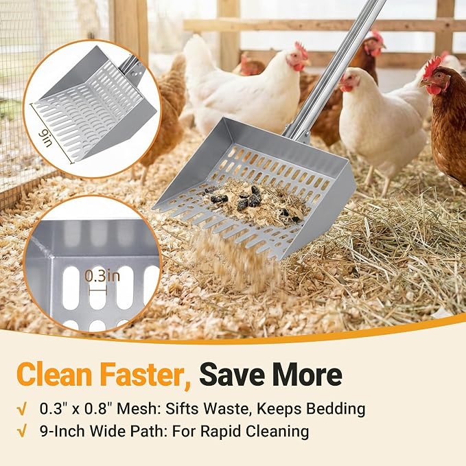 Chicken Poop Scooper Spring Steel Shovel 38-66in Extendable Handle | 3 Adjustable Angle Sifting Shovel Professional Poultry Litter Cleaner for Chicken Coop, Duck, Goat and Sand