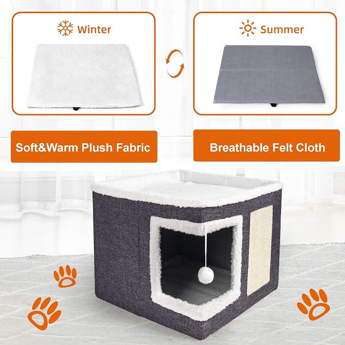 Loyareal Cat Houses for Indoor Cats - Large Cat Bed Cave with Scratch Pad and Fluffy Ball, Foldable Cat Condo Hideaway with Reversible Cushion for Multi Small Pet, Dark Grey
