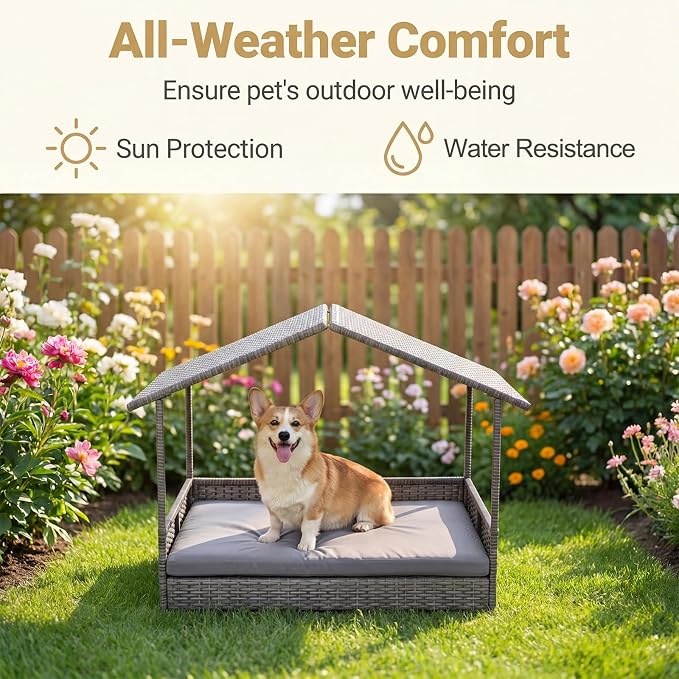 Tangkula Wicker Dog House, Indoor & Outdoor Raised Rattan Bed w/Removable Cushion, Washable Cover, Sloping Roof, Rattan Weather Resistant Puppy Shelter w/Elevated Floor for Small Medium Dogs