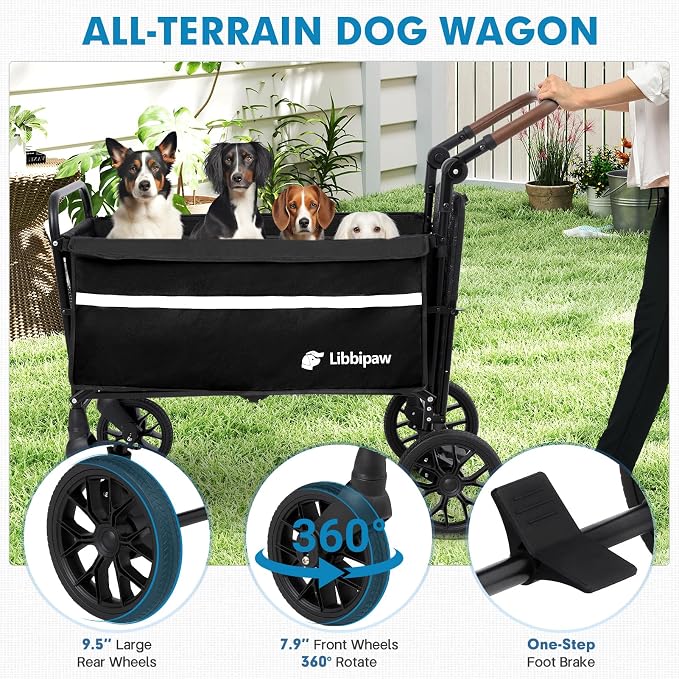 LUFFWELL Foldable Dog Wagon with Ramp, Medium & Large Dogs, Black | All-terrain wheels, One-step brake, Adjustable handle, Side pockets, 200 lb capacity