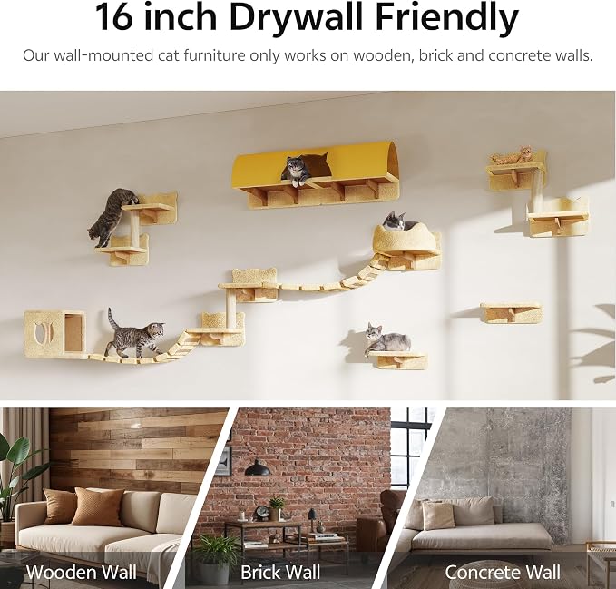 16-in-1 Cat Wall Shelves, Cat Furniture w/Tunnel & Bridge, Beige | Wall Mounted Cats Shelf Set with Plush Fabric, Cat Climbing Wall Systems for 16 Inch Drywall, with Scratching Posts, Condos