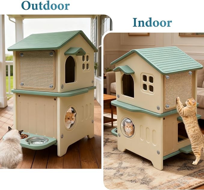 Cat House Outdoor Weatherpoof Plastic Cats Houses 2-Story | with Elevated Cat Bowls, Cat Scratch Pads and Escape Door, Indoor Waterproof Feral/Pet Cat Shelter Outside for Multiple Cats