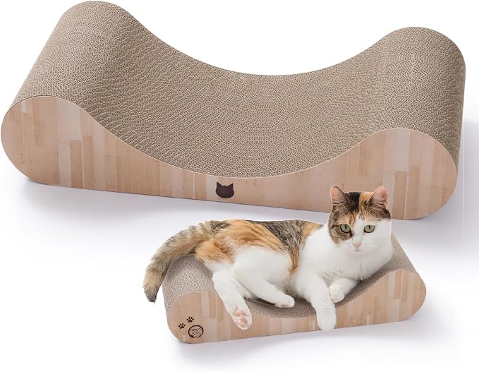 Necoichi Cardboard Cat Scratcher Bed for Indoor Cats - Cat Scratching Board, Horizontal Cat Scratch Pad Lounger with Reversible Usability and Extra Comfort for Lounge, Curved (18" Regular, Oak)