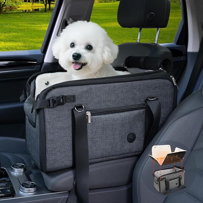 YUDODO 10-18lbs Large Console Dog Car Seat with Removable Velvet Cushion | Portable Puppy Cat Seat, PU Leather, Waterproof, Wipe Clean, Safe & Durable, Side Pockets, for Truck & SUV-Width>9.5in, Gray