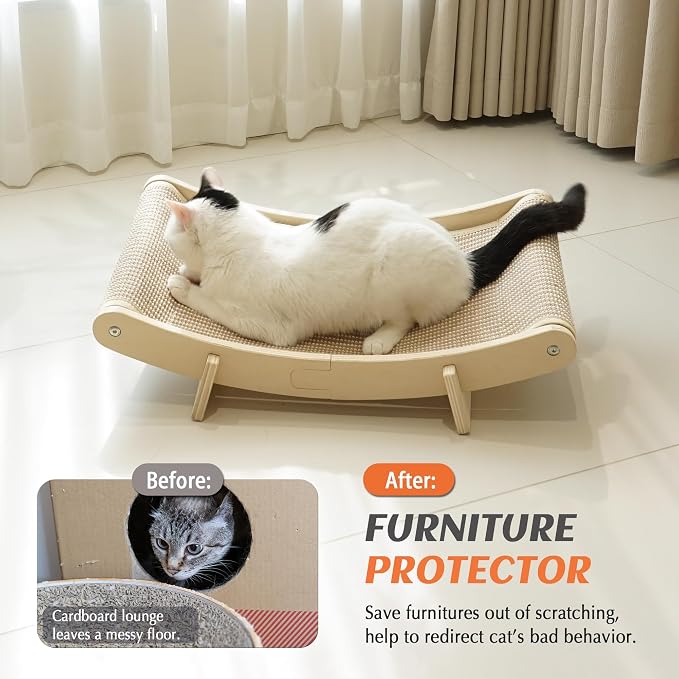 PETKARAY Inclined Sisal Cat Scratcher Bed, Curved Wooden Cat Hammock Chair, Large Scratch Pad for Indoor Cats, Cozy Cat Furniture Lounge