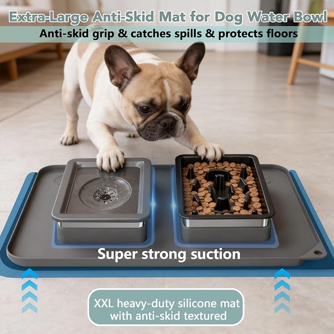 Dog Bowl Set, No Spill Dog Water and Food Bowl with Slow Feeder | Large Capacity 304 Stainless Steel Bowls, 3-In-1 Set, Slow Drinking, Anti-Slip Mat, Easy to Clean, Home/Travel, 6-7 Cups