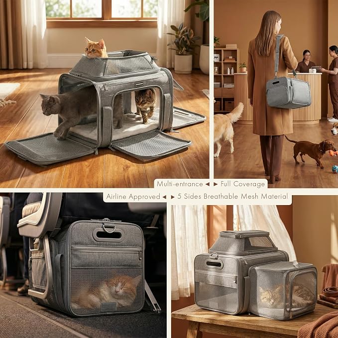 Top and Side Expandable Pet Carrier with Treat & Pet Window,17x11x9.5 Inch Alaska Hawaiian Airline Approved,Soft-Sided Dog Carrier for Small Dogs and Cats,Travel Cat Carrier with Locking Zippers