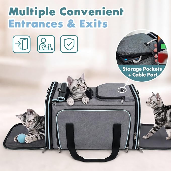 Expandable Cat Carrier for Cats and Small Dogs, Airline Approved Under-Seat with Double-Side Extension, Durable 600D Fabric Internal Frame, Ventilated with Safety Leash, Blue
