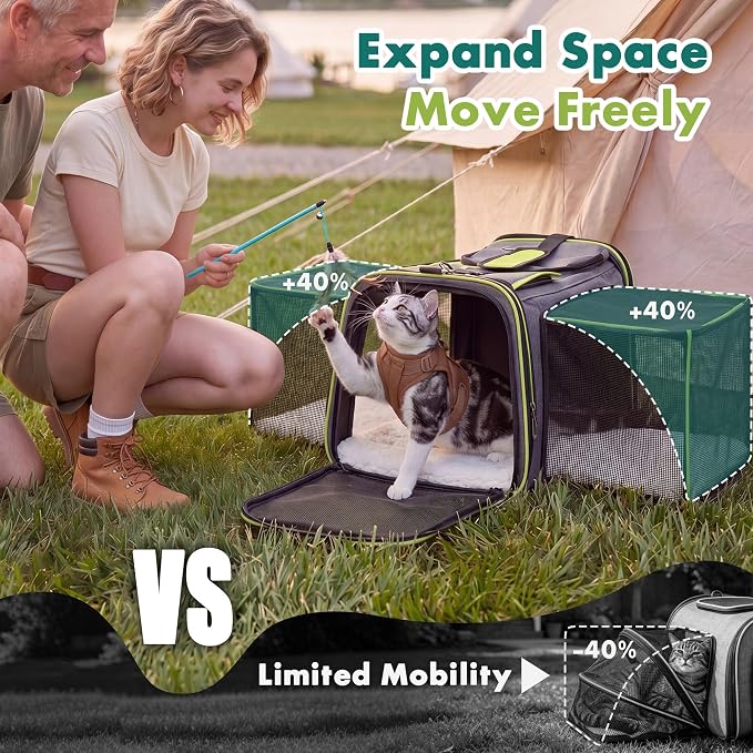 Large Expandable Cat Carrier, Airline Approved with Ventilated Top Side Panels, Durable Chew-Resistant 600D Fabric, for Cats and Small Dogs, Car Airplane Travel, Green
