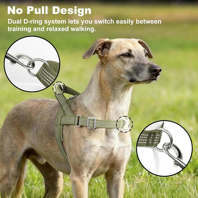 No Pull Dog Harness with Handle, Adjustable Soft Mesh Padded Vest | Reflective Walking Harness with Front Clip for Small Medium Large Dogs, Quick Fit No Escape for Training, Ranger Green, L