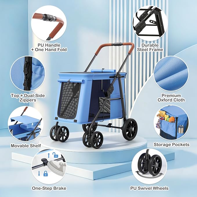 MoNiBloom Pet Stroller for Medium to Large Dogs up to 66lb, Blue
