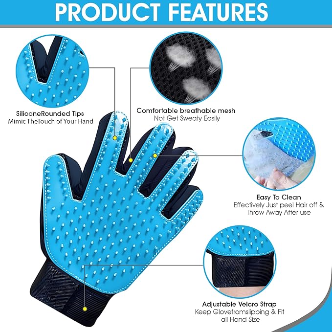 ZENELANEP Upgrade Pet Grooming Gloves, Grooming Gloves for Dogs, Cats, Rabbits & Horses with Long and Short Hair, Efficient Pets Hair Remover Mittens - 1 Pair (Sky Blue)