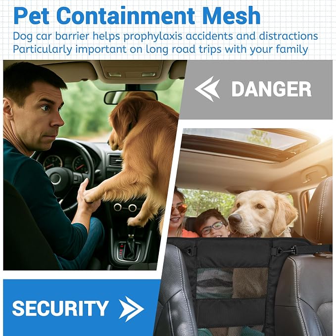 Dog Car Backseat Barrier, Padded and Durable Nylon Net Pet Barrier, Vehicle Travel Dog Fence with 2 Mesh Windows, for Safe Driving, Easy to Install and Adjust for All Cars