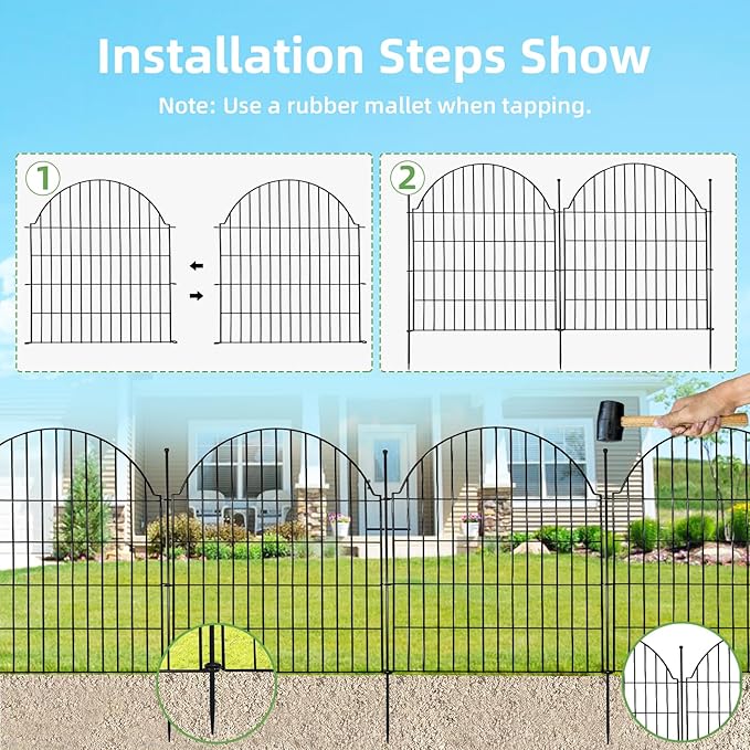 Blingluck Decorative Metal Garden Fence with Gate Lock 5 Panels, 32in (H) x 11.8ft (L) No Dig Dog Fence Outdoor for Yard, Temporary Rustproof Metal Wire Rabbit Dog Garden Border Fencing for Patio