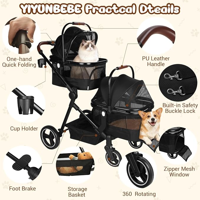 Foldable Double Pet Stroller for 2 Small Medium Cats Dogs | Convertible single/double | Detachable carriers | All-terrain wheels & shock | Safety brakes & tether | Breathable oxford