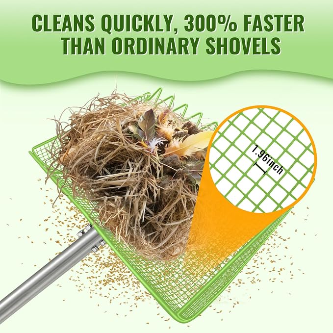 2-in-1 Chicken Coop Scooper: Extra Large 12” Poop Scooper & Rake with Adjustable Handle (37”-65”) | Heavy-Duty Metal Shovel for Quick Pet Waste, Rabbit, Guinea, Barn Cleaning | US Patent Pending,Green