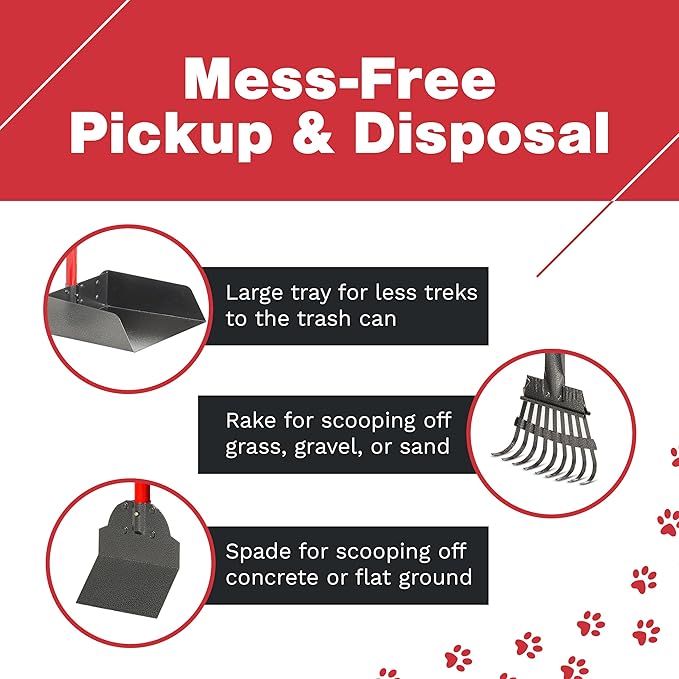 Pooper Scooper for Dogs, Heavy Duty Long Handle Rake, Spade & XL Tray | Rustproof Aluminum Poop Scooper for Large Dogs, 36+" Handles and 9”W 9.5”L Extra Large Tray for Yard, Grass, Dirt & Gravel
