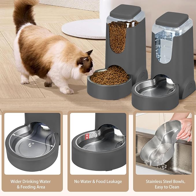 2 Pack Automatic Cat Feeder and Gravity Stainless Steel Water Dispenser, Dog Food Feeder and Waterer Set for Small Medium Puppy Kitten Pets (1 Gallon x 2, Gray)