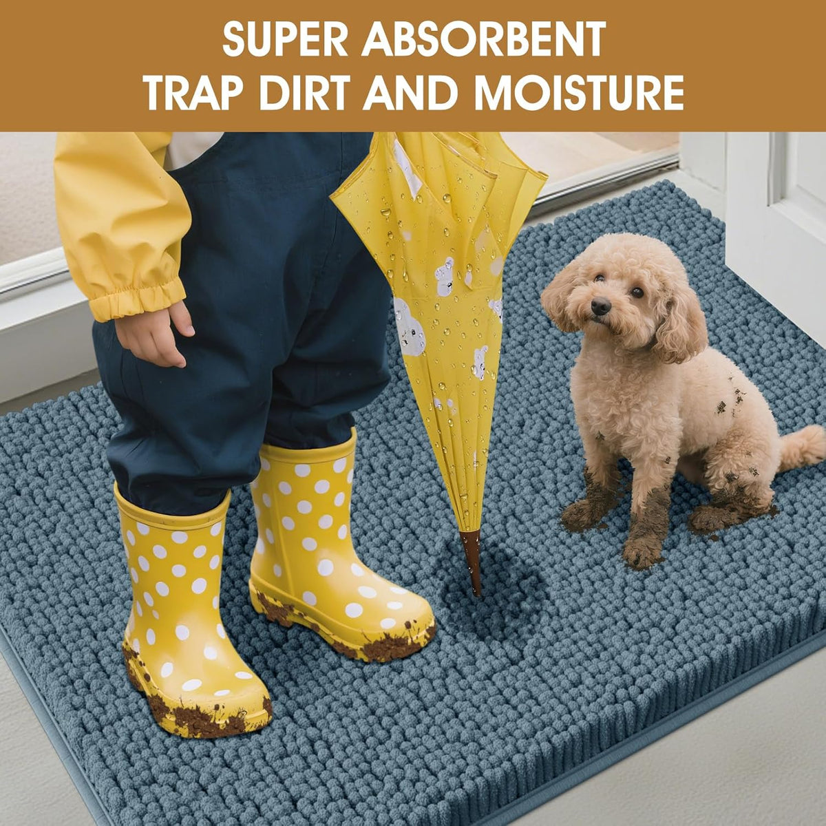 Dog Door Mats for Muddy Paws, Chenille Absorbent Door Mats, Non Slip Heavy Mud Mat for Dogs, Soft Indoor Door Mat for Entryway, Mud Paws, Inside Floor,30" X 20", Dusty Blue