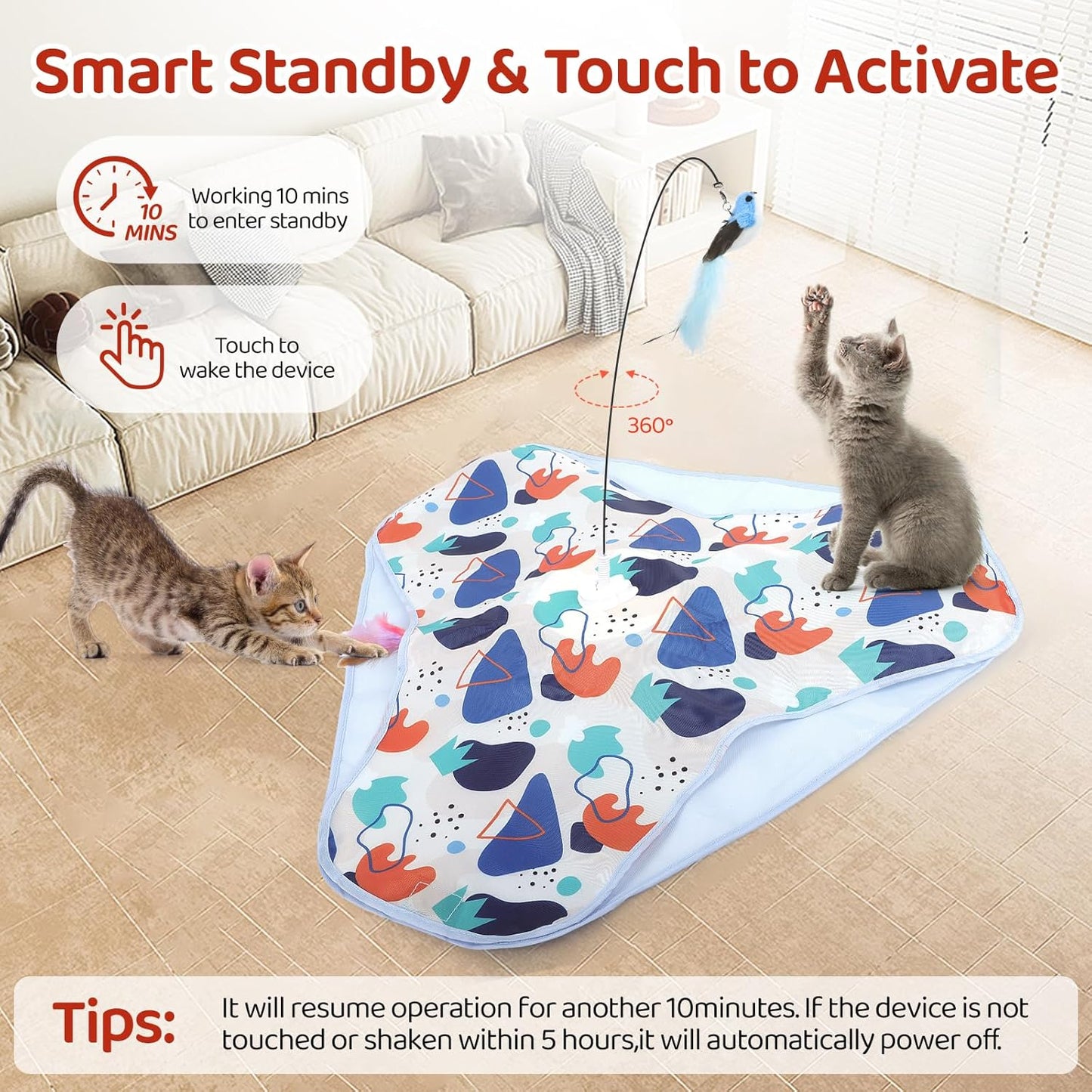 Interactive Cat Toys, Rechargeable Hide and Seek Cat Toys, Durable Stable Base Touch Activated Kitten Toy with Bird Cat Wand, Waving Concealed Feather Exercise Toy for Indoor Bored Cats/Kitten