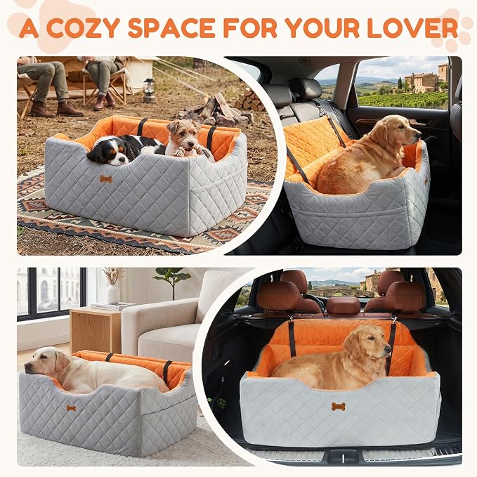 Dog Car Seat for Large Medium Dogs up to 55 lbs, Memory Foam Dog Booster Seat with Storage Pocket, 2 Safety Leashes,Washable Cover, Portable Anxiety Pet Travel Bed, Gray