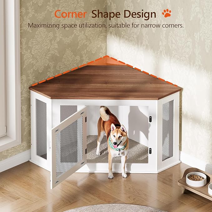 MAHANCRIS Corner Dog Crate Furniture, Wooden Dog Kennel End Table, Decorative Pet Crate Indoor Use, Furniture Style Dog House for Small Medium Dog, Dog Cage TV Stand, White and Walnut DCBA0801