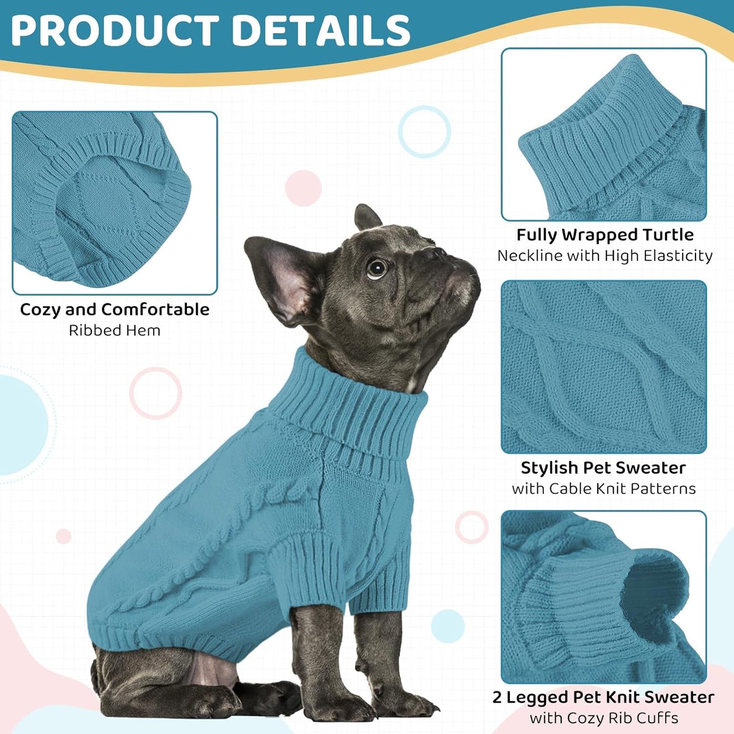 Queenmore Small Dog Pullover Sweater, Cold Weather Cable Knitwear, Classic Turtleneck Thick Warm Clothes for Chihuahua, Bulldog, Dachshund, Pug (Peacock Blue, Medium)