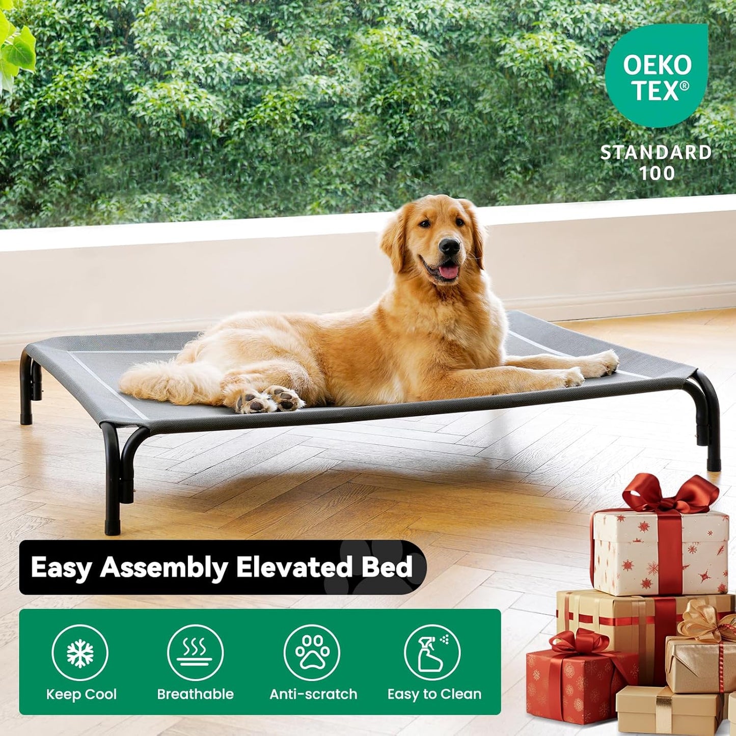Elevated Dog Bed Raised Outdoor Dog Cot for Medium Dogs, Installation Requires No Tools, Frame with Washable Cooling Breathable Mesh Anti-Slip Feet, Indoor Pet Bed, Grey, 35.4 Inches