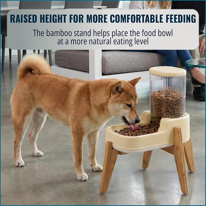 Elevated Dog Food Dispenser with Bamboo Stand for Medium Large Dogs - 4L 1 Gallon Gravity Dog Feeder - Raised Automatic Dog Food Bowl Station - Custom Fit Non Slip Anti Tip Non Wooble