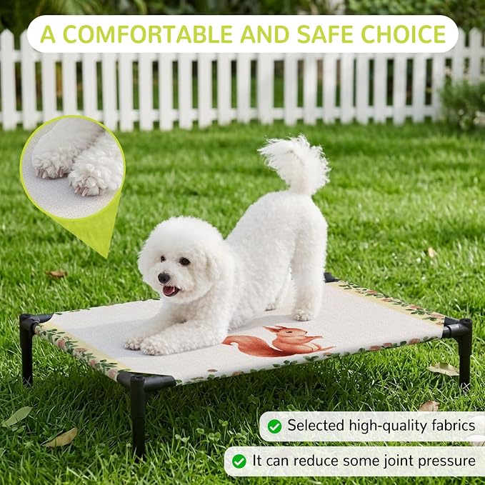 Outdoor Elevated Dog Bed for Medium Dogs, Country Squirrels Breathable Cooling Raised Dog Cot for Indoor/Outdoor, Farmhouse Rustic Flower Leaf Plant Beige Waterproof Elevated Pet Beds, M 24 x 20 in
