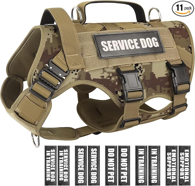 Service Dog Vest Harness for Large Dog, Tactical Working MOLLE Vest with 10 Pet Patches, No Pull Heavy Duty Harness for Training Walking