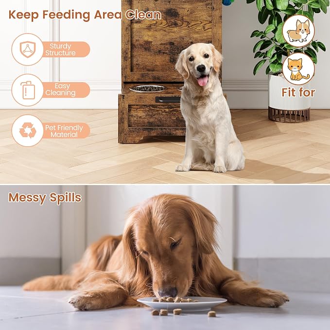 Dog Feeding Station with 2 Elevated Bowls | Pet Feeding Station,Flip Top Dog Food Storage Cabinet, Food Storage Container,Pet Toy Organizer,Modern Organizer, Brown