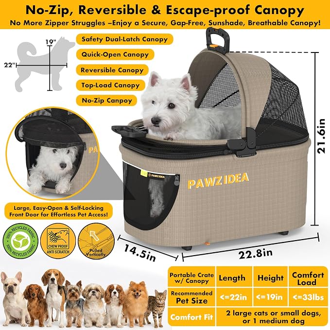 PAWZIDEA 4-in-1 Pet Stroller with Detachable Carrier, Escape-Proof No-Zip Canopy, Lightweight Foldable Dog Stroller for Small Medium Dogs & Cats, Portable Travel Crate & Car Seat Combo, Storage Basket