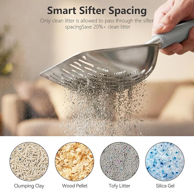 Cat Litter Scoop, Kitty Metal Scooper with Long Handle | Heavy Duty Aluminum Deep Sifter, Rustproof Durable Kitten Poop Shovel for Travel & Small Litter Box