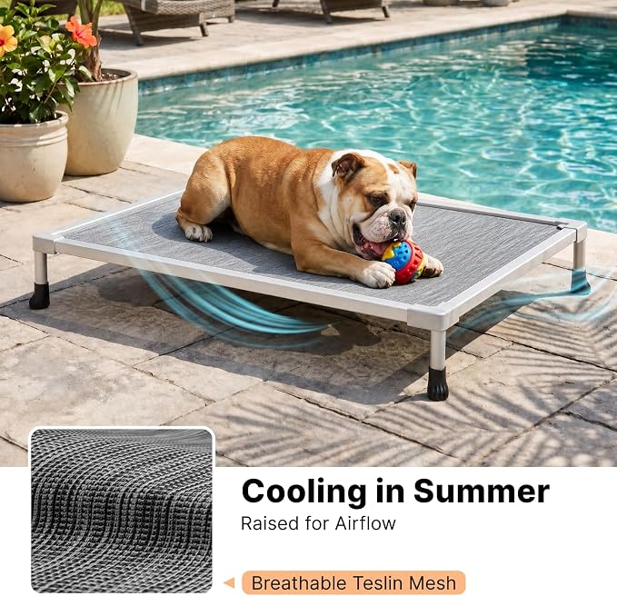 Veehoo Chew Proof Elevated Dog Bed, Silver Aluminum Dog Cot, Pre-Assembled | Cooling Raised Dog Bed for Small Medium Dogs, Indestructible Dog Bed for 36" Crate, Breathbale, Non-Slip Feet, Indoor Outdoor