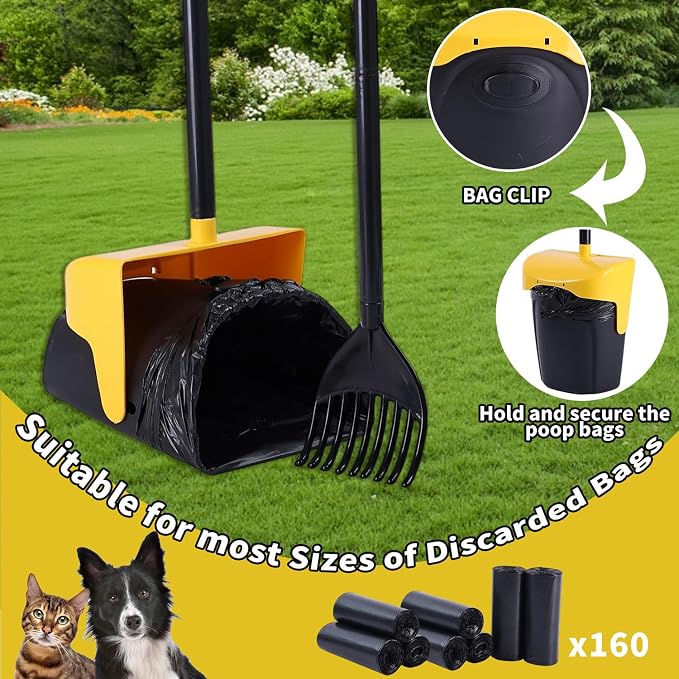 ienjoyed Pooper Scooper Large Swivel Bin & Rake with 160 Waste Bags,Heavy Duty Dog Pooper Scooper with Bag Attachment for Dogs, Long Handle Poop Scooper with Lid for Yard, Grass, Gravel(Yellow)