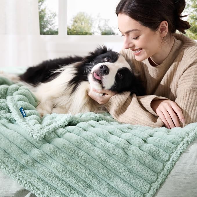 Bedsure ComfyFleece™ Waterproof Blanket for Bed, Twin（60"x80"） Garden Green | Soft Plush Couch Bed Cover Corduroy Fleece for Furniture Protector, Cozy Calming Reversible Dog Blankets for Large Dogs Pet