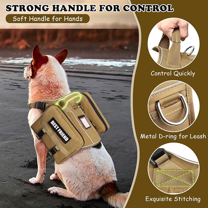 Dog Backpack Harness and Leash Set for Large Dogs Brown XL | Removable Side Pockets Dog Vest with Padded Handle&MOLLE,No Pull Front&Back Metal Clips for Hiking Training Walking Hunting