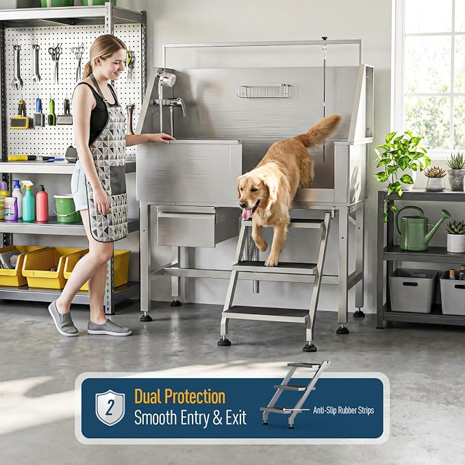 46" Dog Washing Station, Leak-Proof 304 Stainless Steel Dog Bathtub with Non-Slip Removable Left Stair & Storage Drawer, Elevated Pet Wash Station for Large Dogs, Indoor & Outdoor Use (Right Stair)