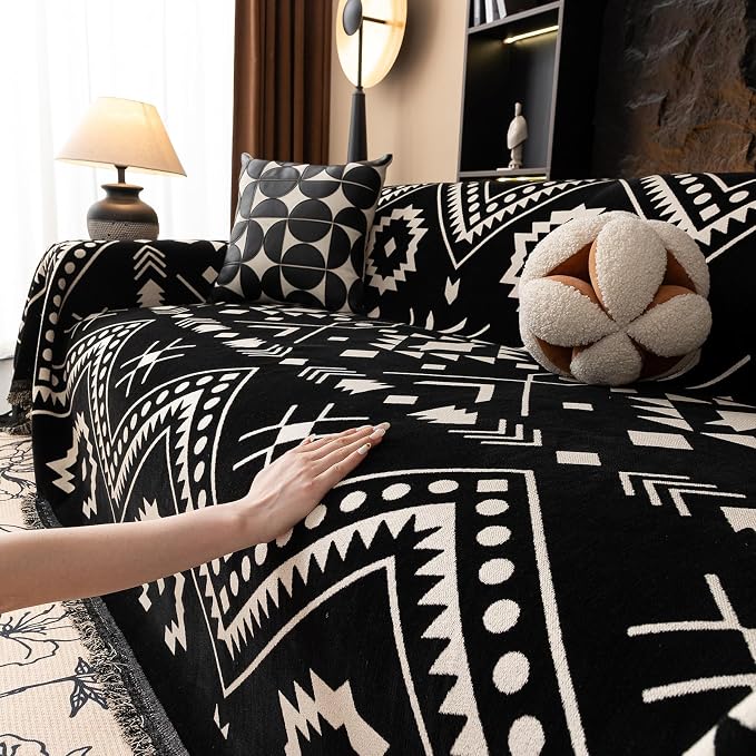 VClife Extra Large Couch Cover for Oversize Sofa Bohemian Sofa Slipcover, Aztec Geometric Chenille Sofa Cover Washable White Black Tribal Pattern Couch Protector Futon Cover 71" X 150"