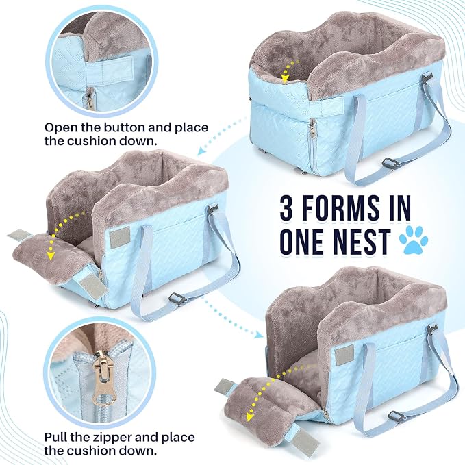 SlowTon Console Dog Car Seat - Portable Center Dog Car Seat for Small Dogs up to 9 lbs, Washable Pet Carseat with Soft Cushion Safe Protection Hooks & Storage Pocket, Blue