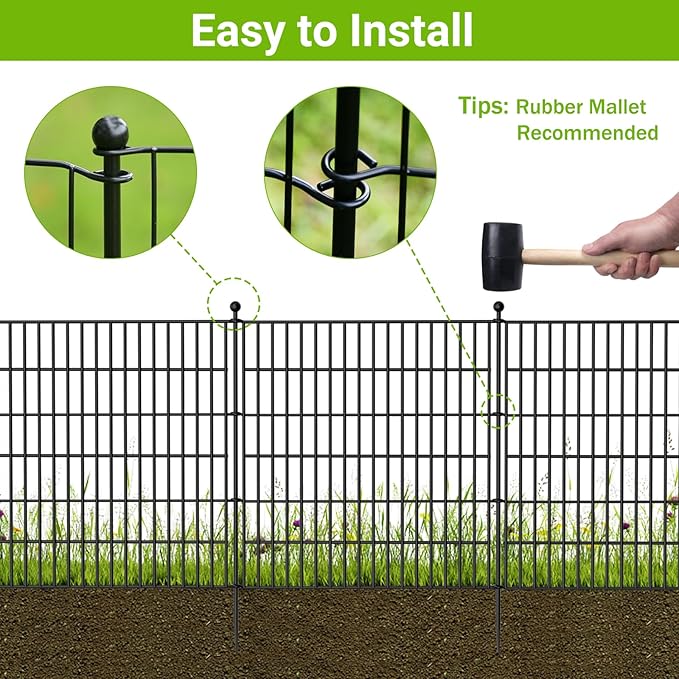 5 Panels No Dig Decorative Outdoor Garden Fence for Yard, 24 in(H) X 10 ft(L) Animal Barrier Fencing Rustproof Metal Wire Panel Border for Dog, Rabbits, and Patio Temporary Ground Stakes