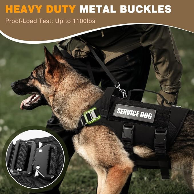 Service Dog Vest Harness for Large Dog, Tactical Working MOLLE Vest with 10 Pet Patches, No Pull Heavy Duty Harness for Training Walking