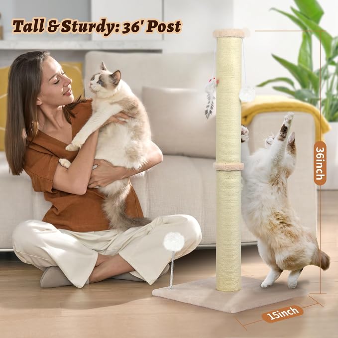 36 Inch Tall Cat Sisal Scratching Post for Indoor Cats, Beige | Natural Sisal, Sturdy Base, Interactive Toys, Full Stretch, Furniture Scratching Redirect, For Kittens and Adult Cats