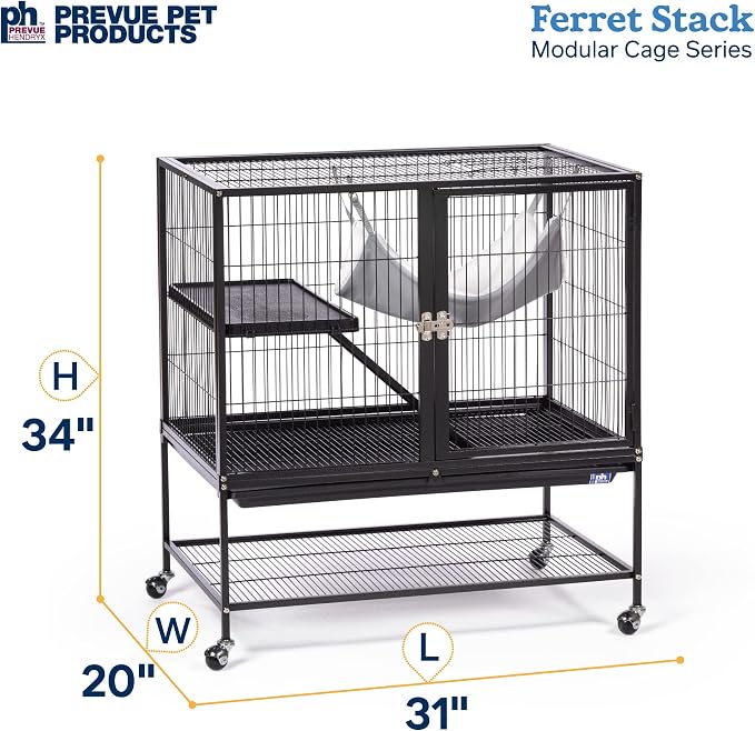 Prevue Pet Products Ferret Stack One Story Ferret Home - Portable Stand, Escape Proof Lock, Includes Hammock & Ramp, Expandable Add-On Cage Stacking System with Wheels - Black