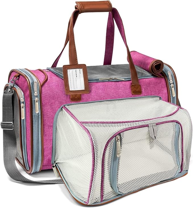 Mr. Peanut's Gold Series Mini Expandable Airline Approved Soft Sided Pet Carrier, Premium Brand Self Locking Zippers, Plush Faux Fleece Bedding with a Sturdy Plywood Base (Rosa Red)