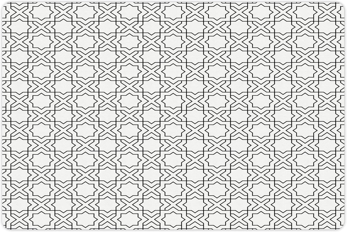 Lunarable Modern Pet Mat for Food and Water, Geometric Oriental Morrocan Design with Star Squares Lines Triangles Art Print, Non-Slip Rubber Mat for Dogs and Cats, 18" X 12", Off White