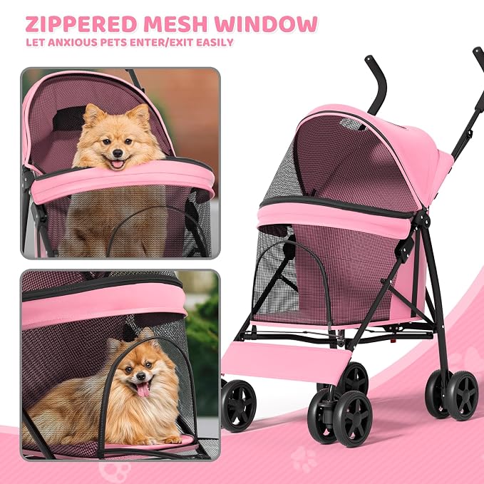 Magshion Compact Pet Stroller for Small-Medium Dogs/Cats up to 22lbs, 4-Wheel Lightweight Umbrella Shaped Portable Puppy Travel Jogger with Breathable Mesh, Cup Holder & Rear Storage, Pink
